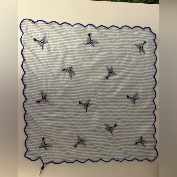 Talbots SINGING BIRDS NECKERCHIEF Blue and White Striped Scarf with Embroidery - Picture 5 of 5